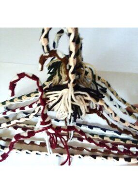 6 VTG 70s Crocheted Hangers Pom Poms Handmade Metal Boho Retro Granny Knit